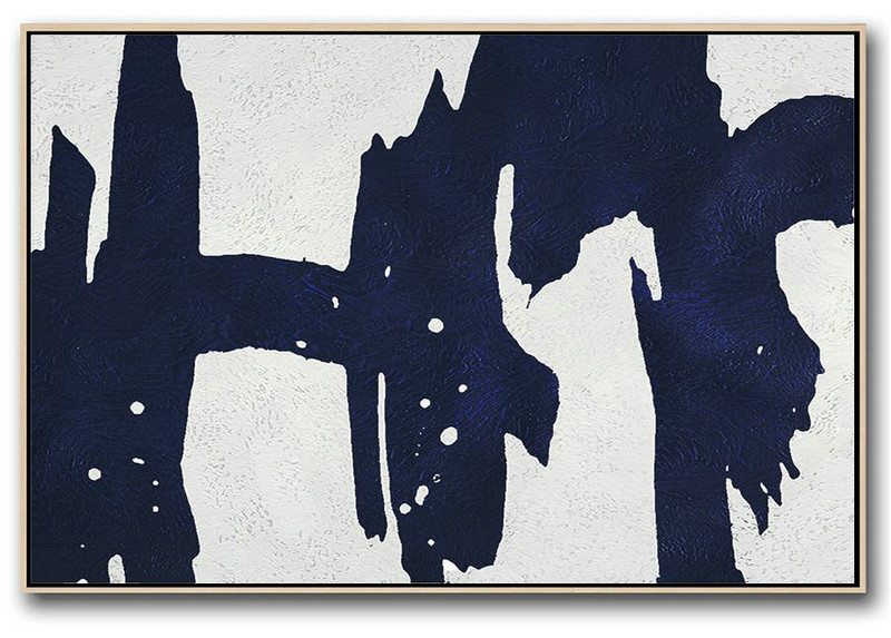 Modern Art Oil Painting,Horizontal Navy Painting Abstract Minimalist Art On Canvas,Hand Painted Original Art